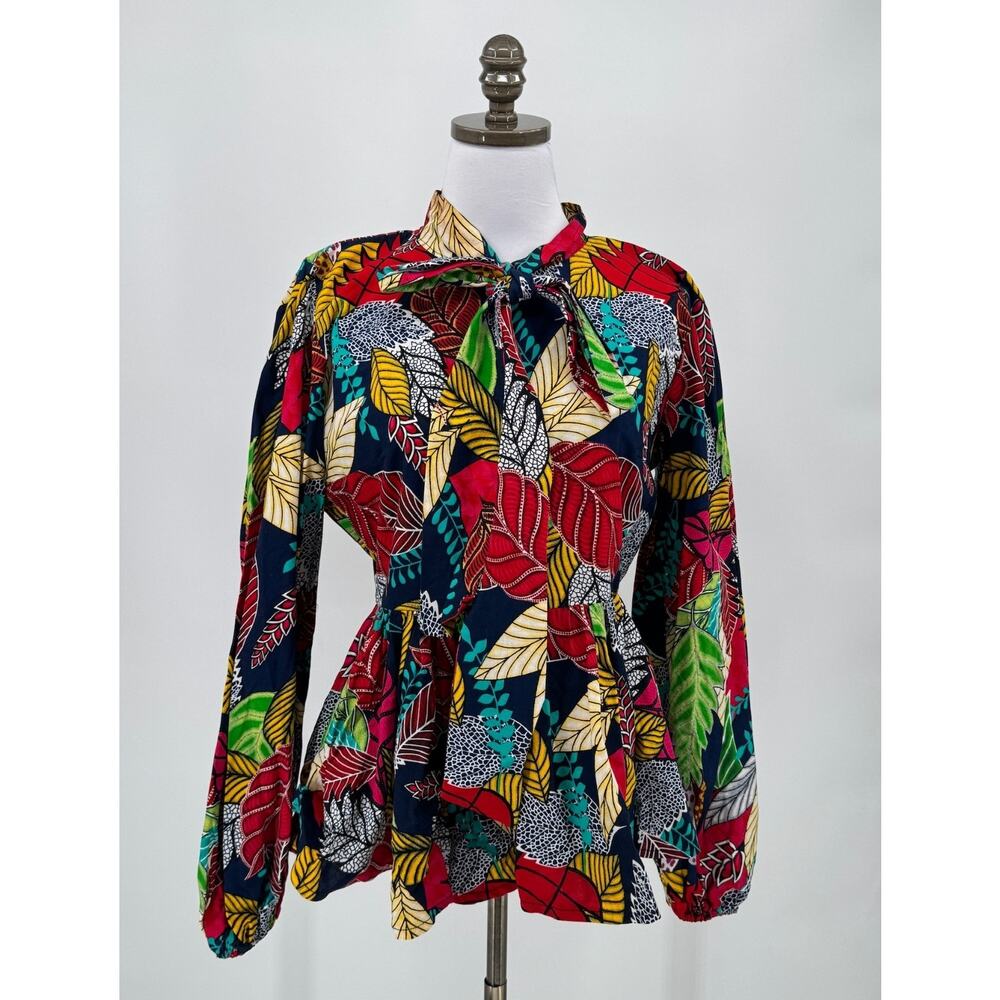 Mae Otti Multicolor Bibi African Print Puff Sleeve Tie Collar Blouse Top Sz L